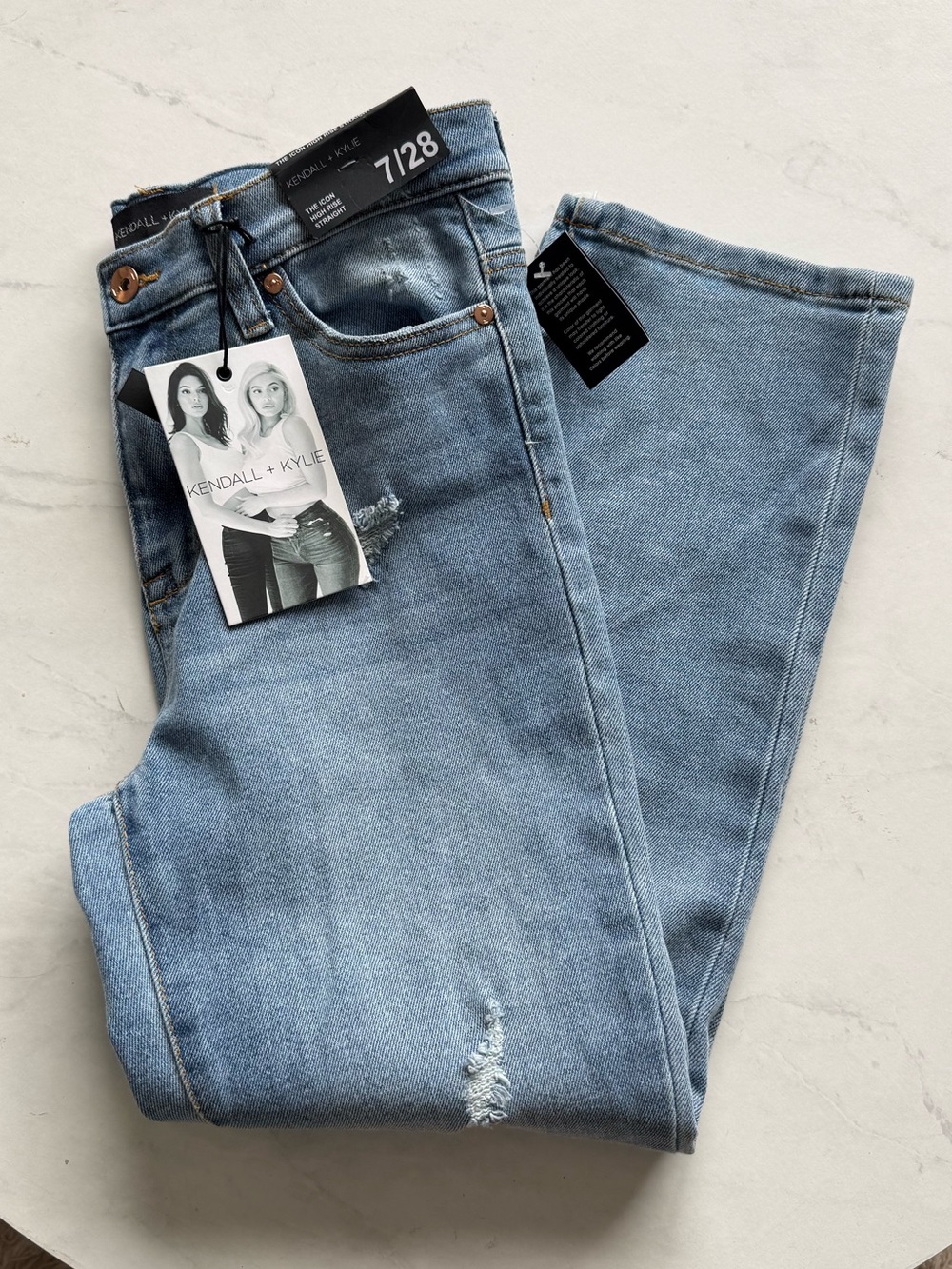 Kendall + Kylie High Rise Straight Jeans Distressed Light Wash Womens 7/28 NWT